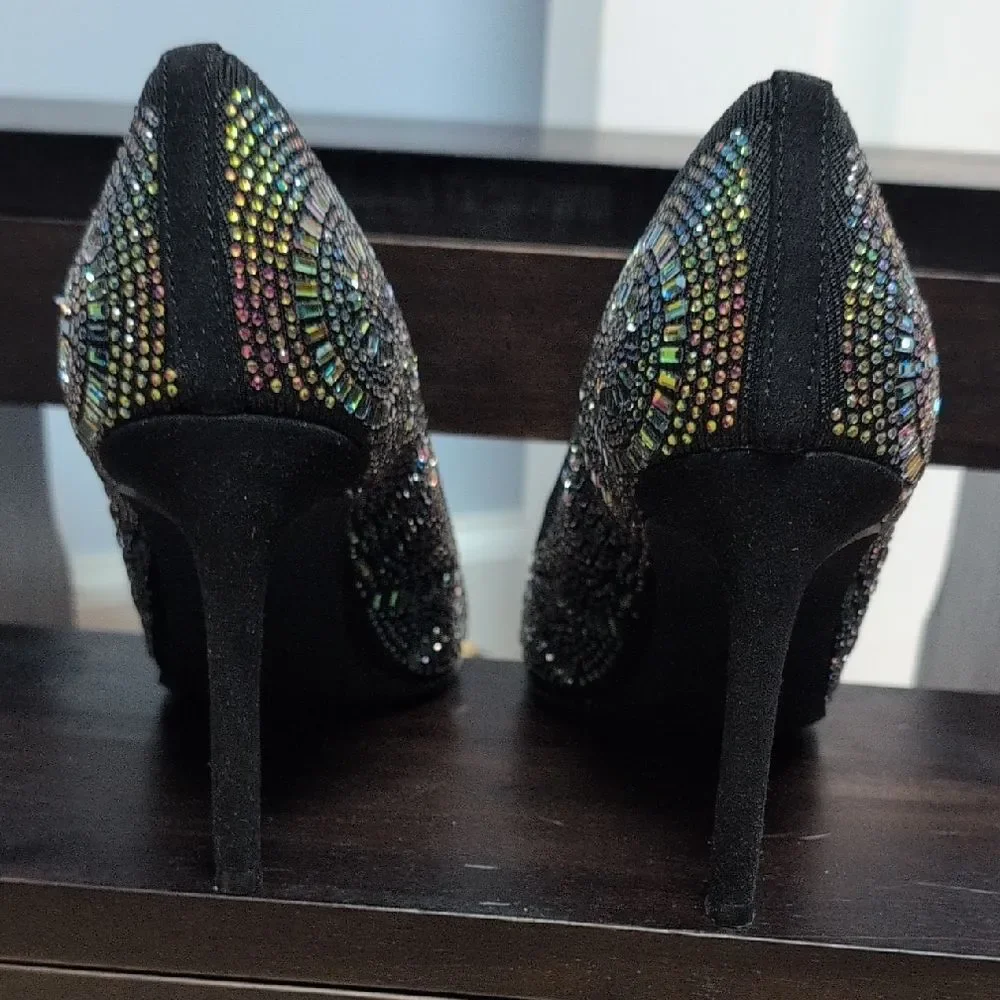 Thalia Sodi Black Stiletto Heels Vibrant Multicolor Rhinestones Size 5.5 NEW